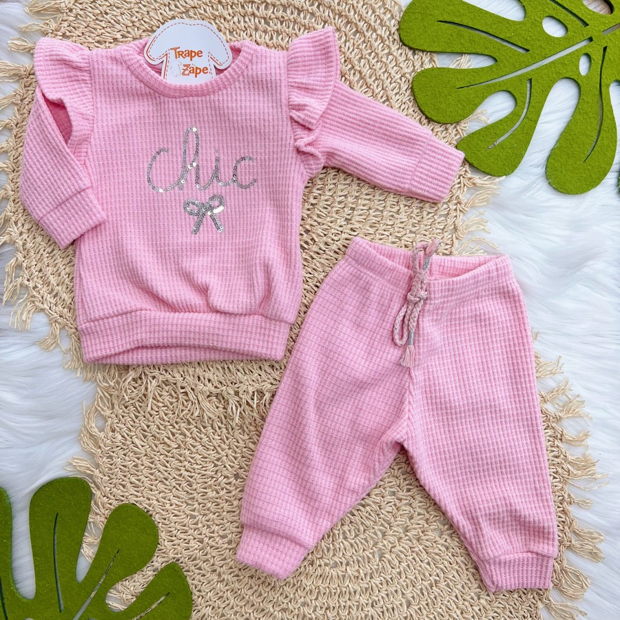 Conj. Casaco "Chic" e Calça em Malha Wafle - Rosa